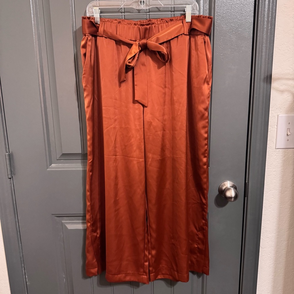 Rachel Zoe Rust Wide-Leg Satin Pants with Tie Waist